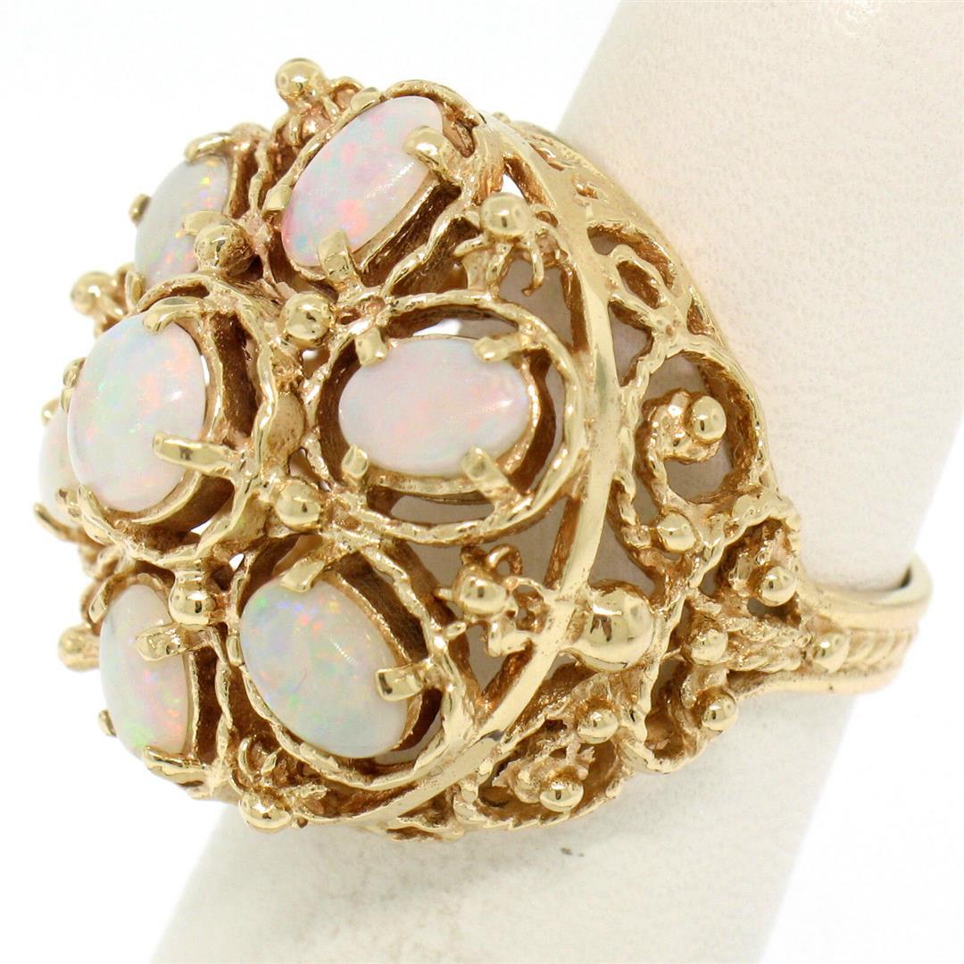14k Yellow Gold 2.25 ctw Large Beaded Round & Oval Opal Open Work Cocktail Ring