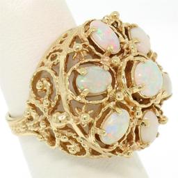 14k Yellow Gold 2.25 ctw Large Beaded Round & Oval Opal Open Work Cocktail Ring