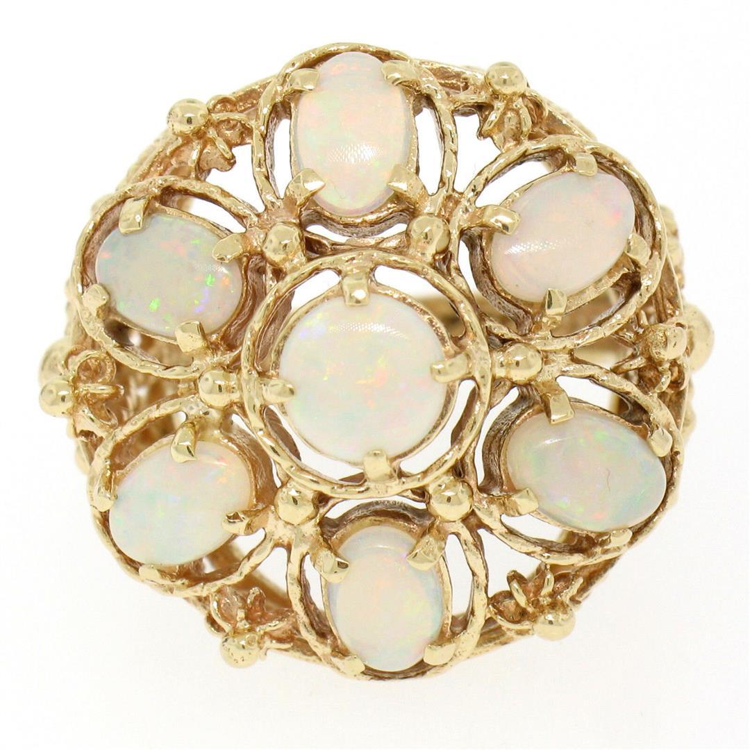 14k Yellow Gold 2.25 ctw Large Beaded Round & Oval Opal Open Work Cocktail Ring