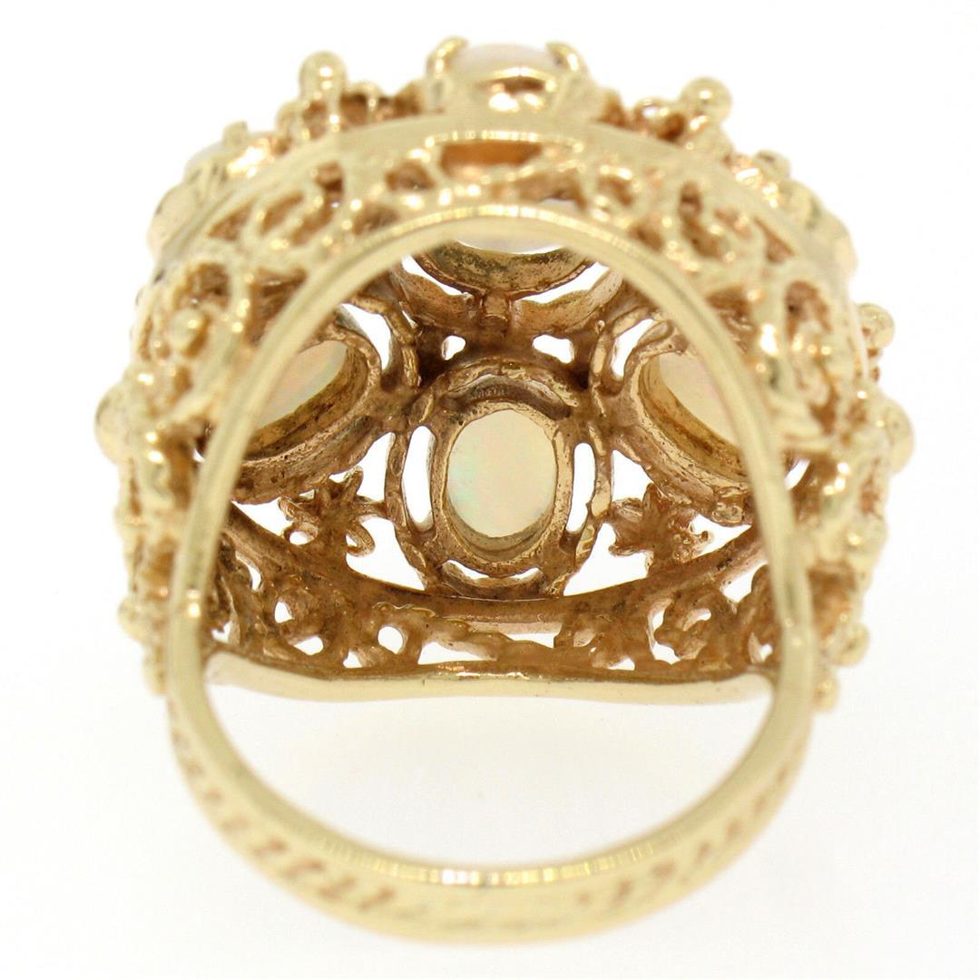 14k Yellow Gold 2.25 ctw Large Beaded Round & Oval Opal Open Work Cocktail Ring