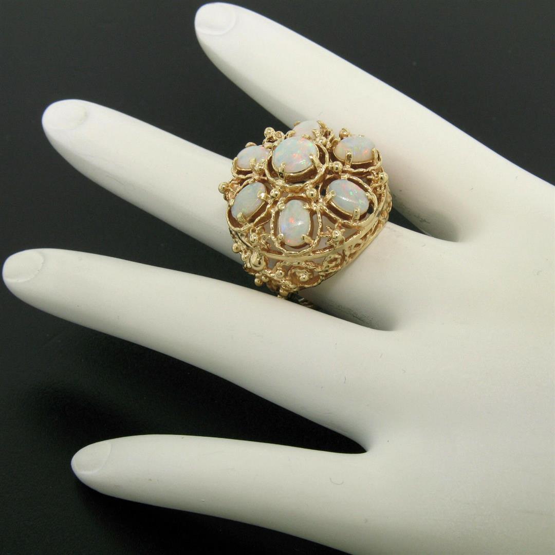 14k Yellow Gold 2.25 ctw Large Beaded Round & Oval Opal Open Work Cocktail Ring