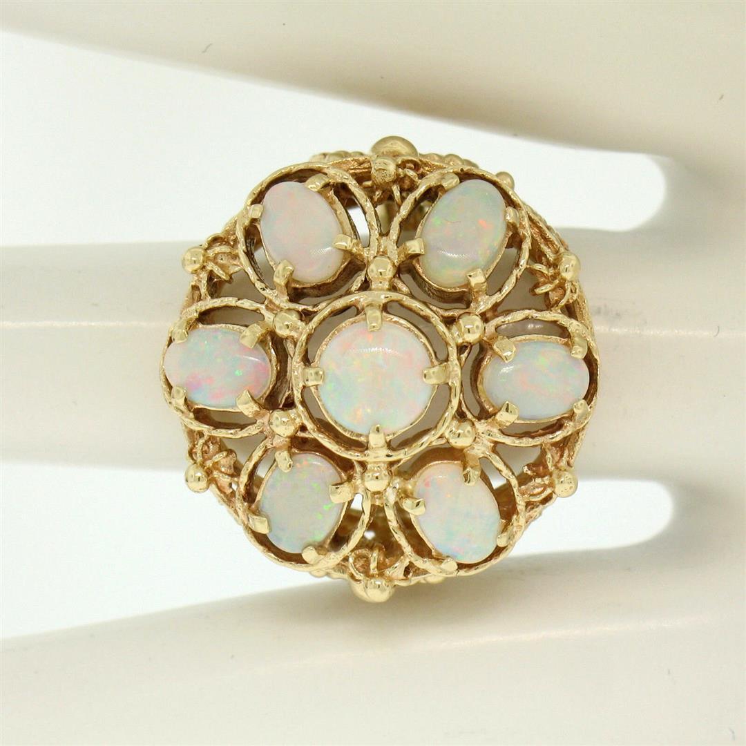14k Yellow Gold 2.25 ctw Large Beaded Round & Oval Opal Open Work Cocktail Ring