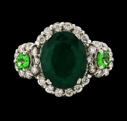 3.88 ctw Emerald, Tsavorite and Diamond Ring - 14KT White Gold