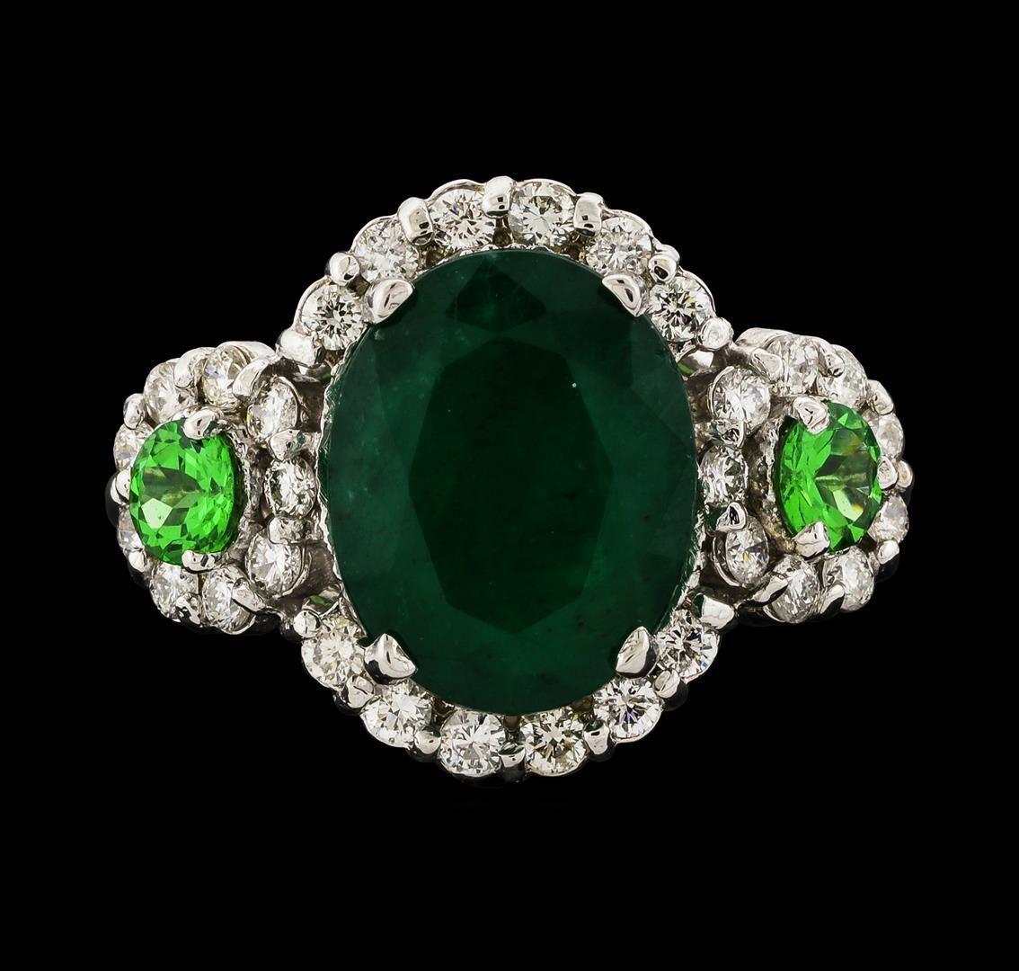 3.88 ctw Emerald, Tsavorite and Diamond Ring - 14KT White Gold