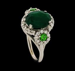 3.88 ctw Emerald, Tsavorite and Diamond Ring - 14KT White Gold