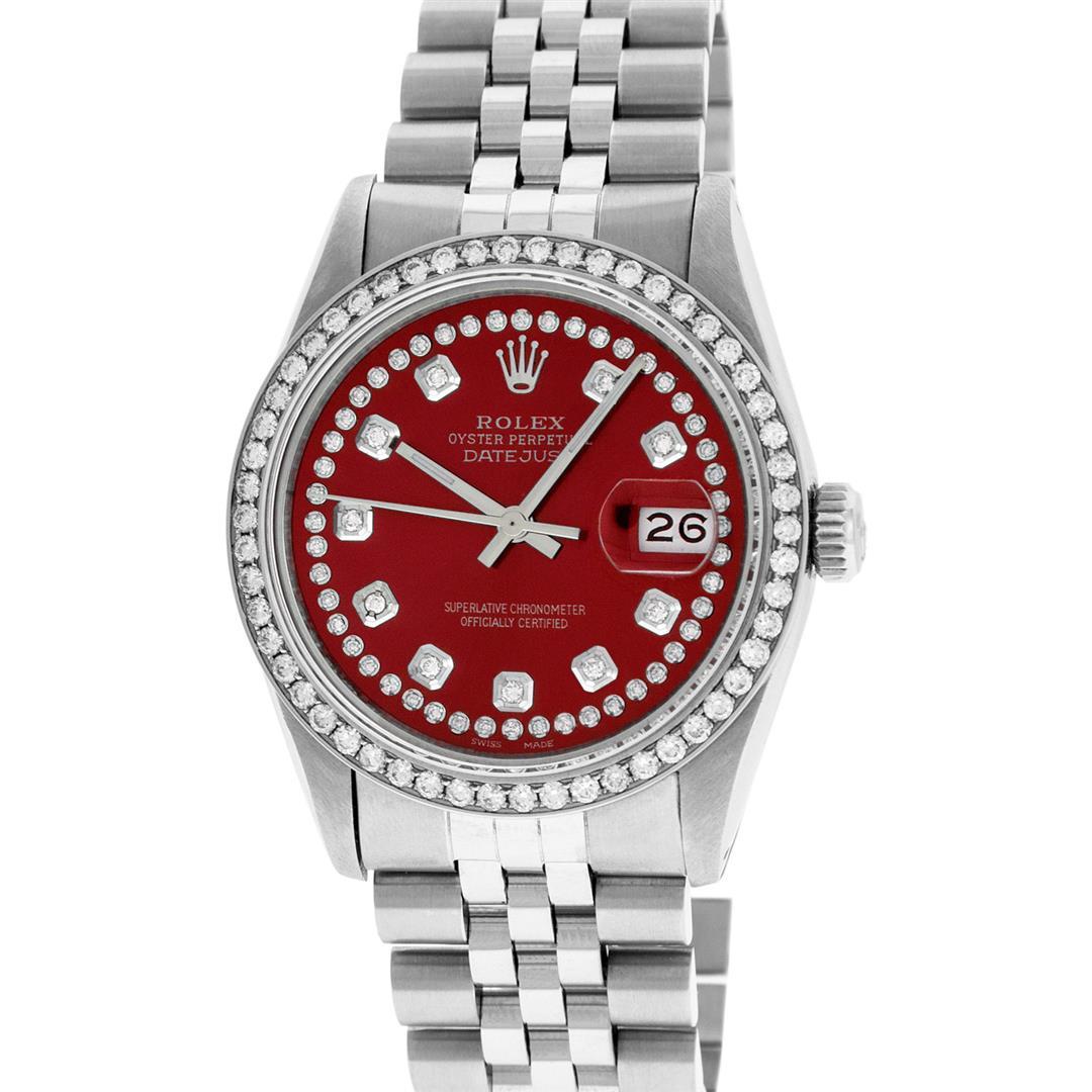 Rolex Mens Stainless Steel Red String Diamond 36MM Datejust Wristwatch