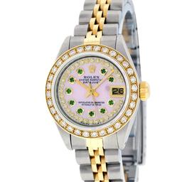 Rolex Ladies 2 Tone 14K Pink MOP Emerald String Diamond Datejust Wristwatch