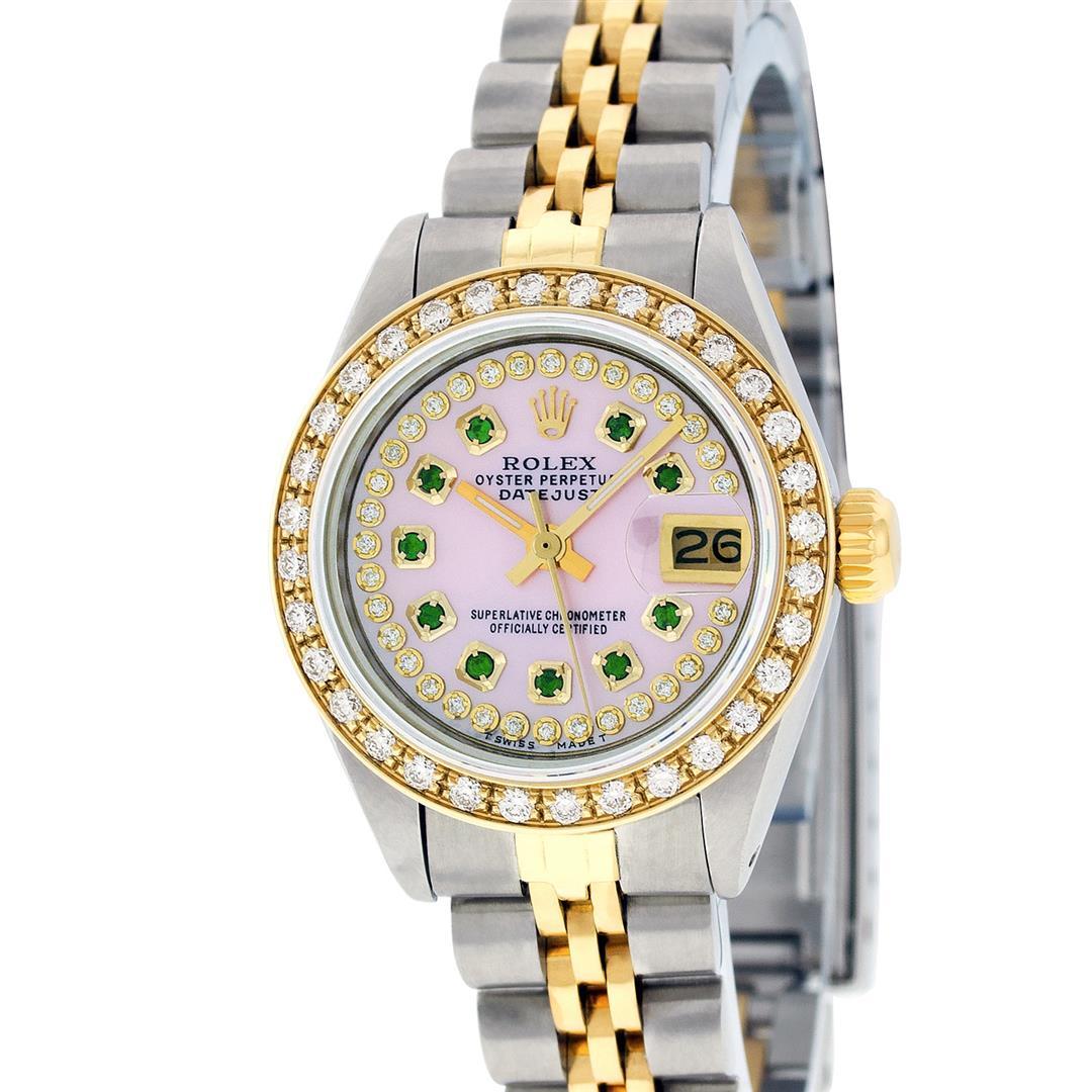 Rolex Ladies 2 Tone 14K Pink MOP Emerald String Diamond Datejust Wristwatch