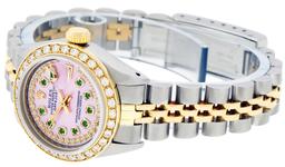 Rolex Ladies 2 Tone 14K Pink MOP Emerald String Diamond Datejust Wristwatch