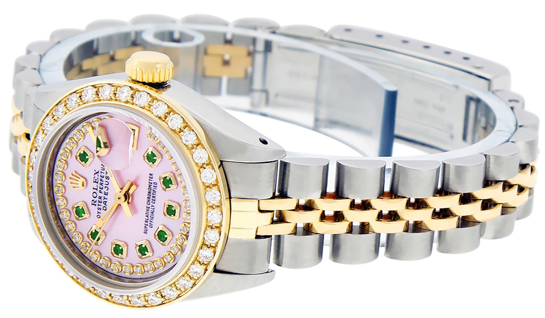 Rolex Ladies 2 Tone 14K Pink MOP Emerald String Diamond Datejust Wristwatch