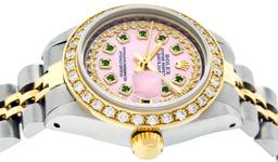 Rolex Ladies 2 Tone 14K Pink MOP Emerald String Diamond Datejust Wristwatch