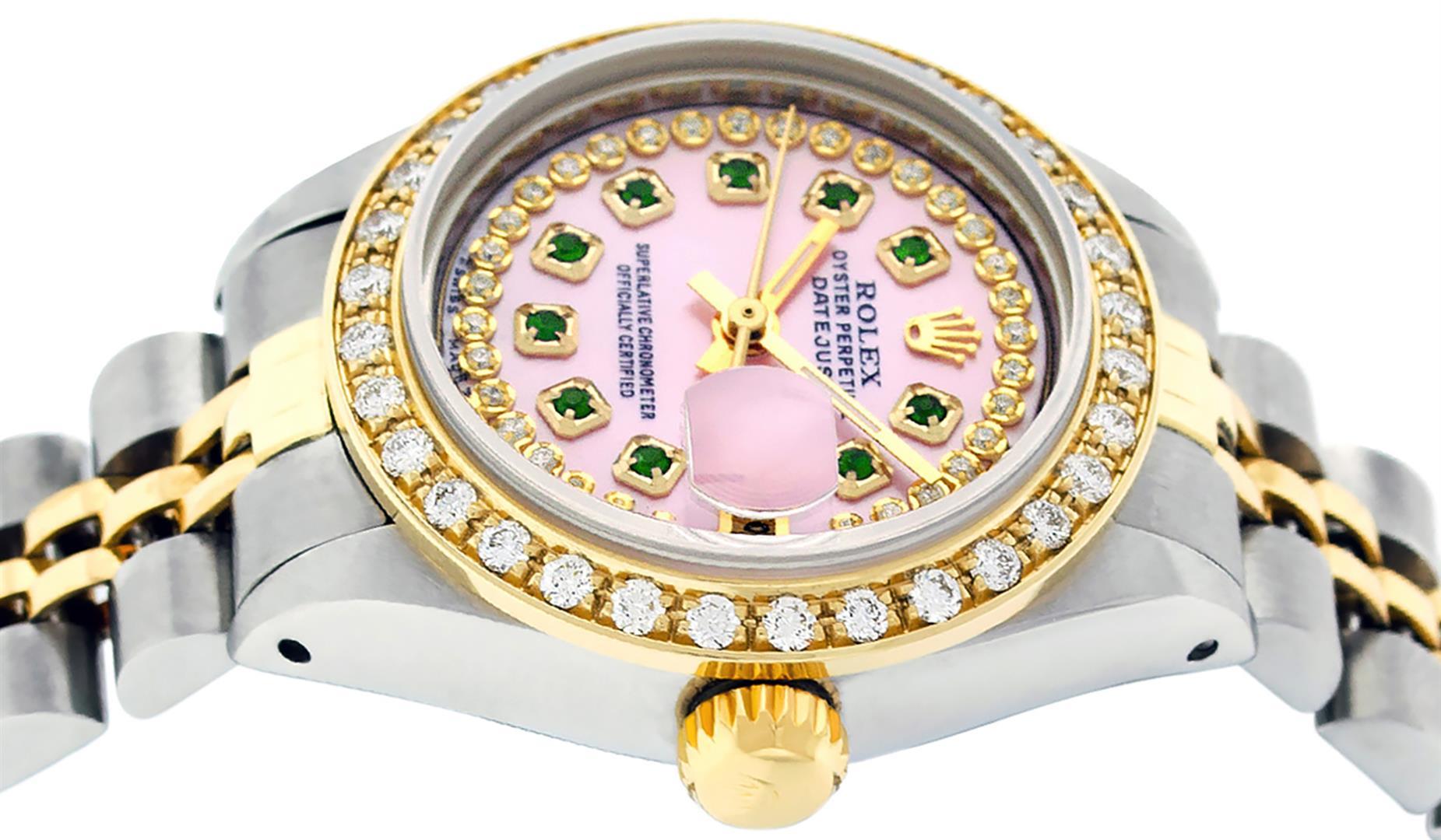 Rolex Ladies 2 Tone 14K Pink MOP Emerald String Diamond Datejust Wristwatch