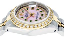 Rolex Ladies 2 Tone 14K Pink MOP Emerald String Diamond Datejust Wristwatch