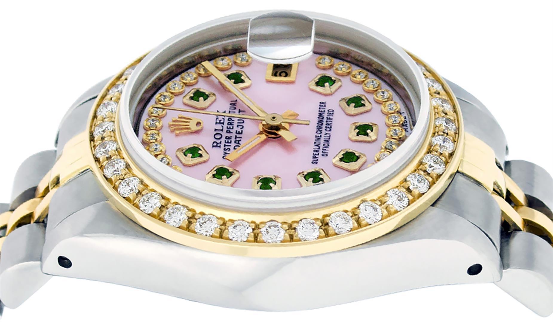Rolex Ladies 2 Tone 14K Pink MOP Emerald String Diamond Datejust Wristwatch