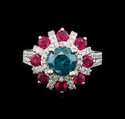 14KT White Gold 1.89 ctw Fancy Blue Diamond and Ruby Ring