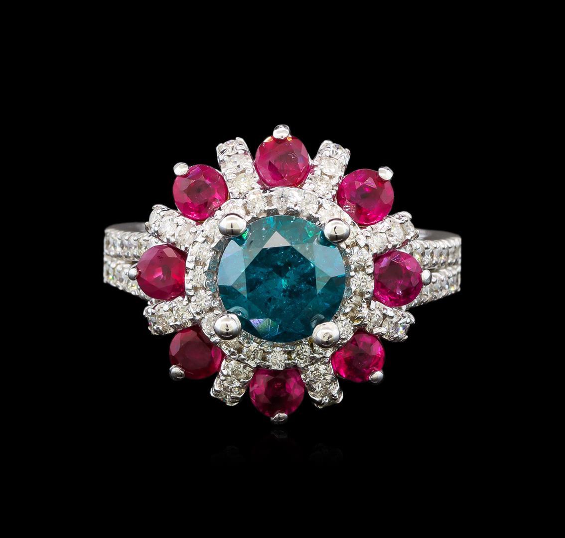 14KT White Gold 1.89 ctw Fancy Blue Diamond and Ruby Ring