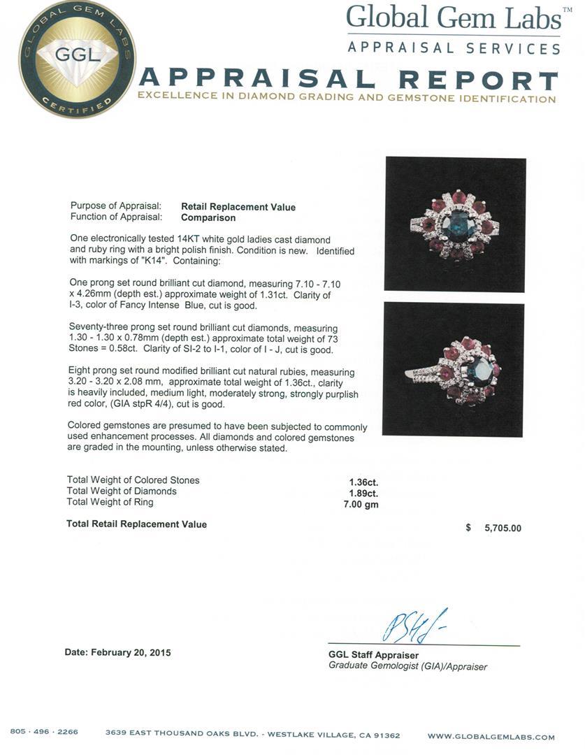 14KT White Gold 1.89 ctw Fancy Blue Diamond and Ruby Ring