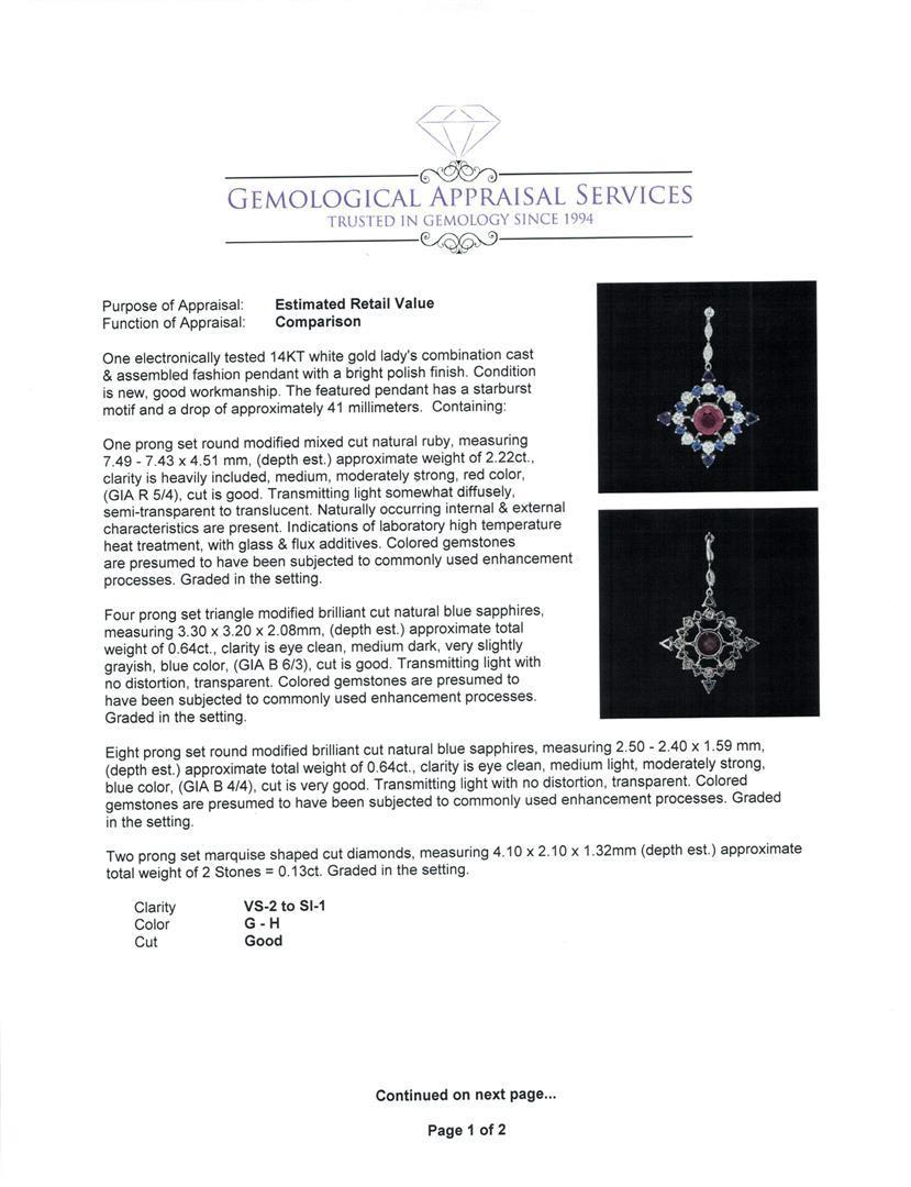 2.22 ctw Ruby, Sapphire and Diamond Pendant - 14KT White Gold