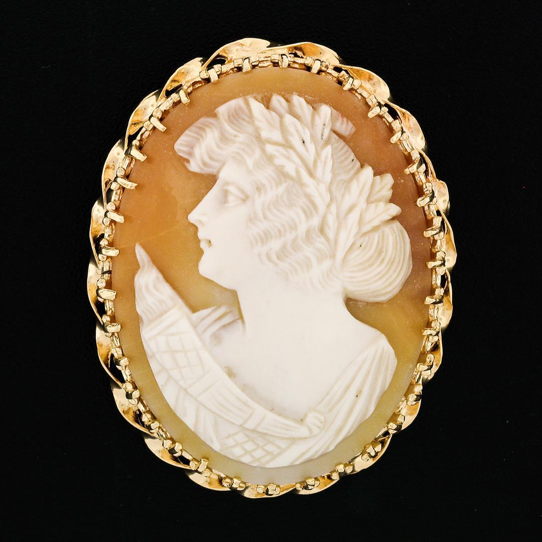 Vintage 14k Yellow Gold Carved Shell Cameo Fancy Twisted Wire Brooch Pin Pendant