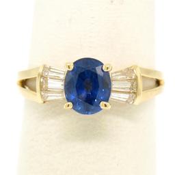 14k Yellow Gold ROYAL BLUE Sapphire Solitaire Ring Fine Baguette Diamond Accents