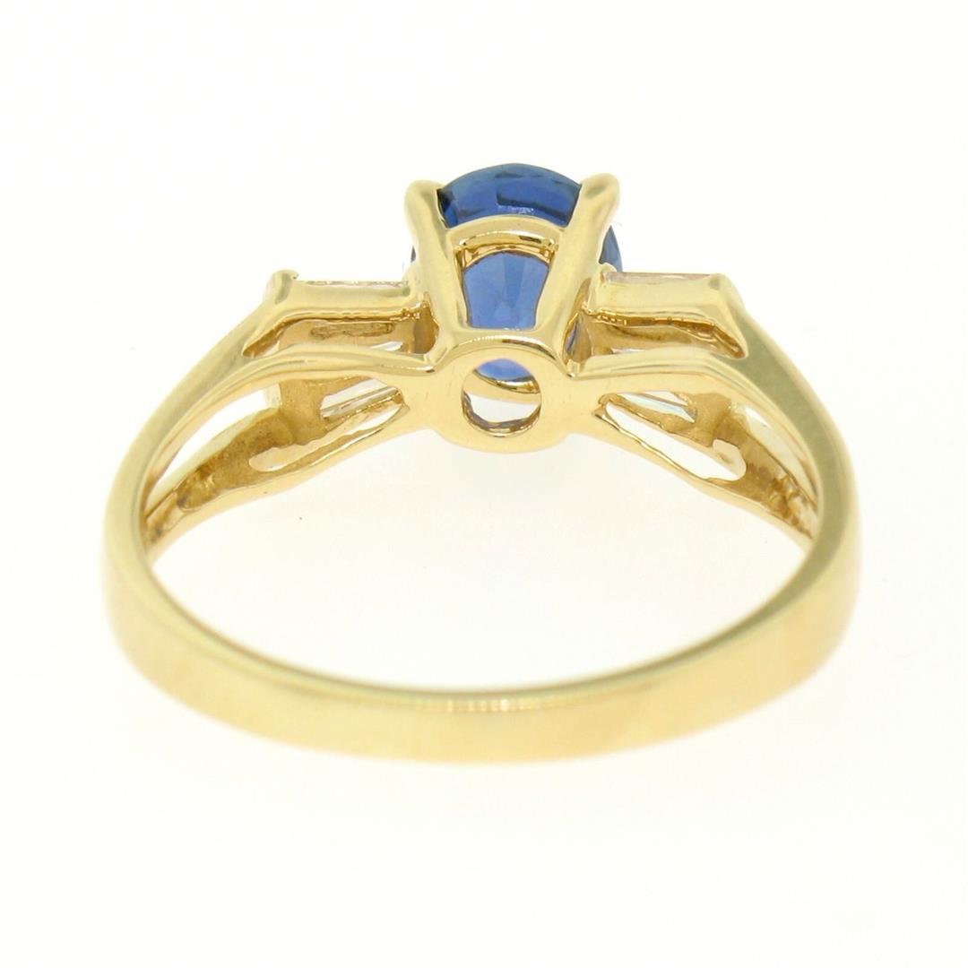 14k Yellow Gold ROYAL BLUE Sapphire Solitaire Ring Fine Baguette Diamond Accents