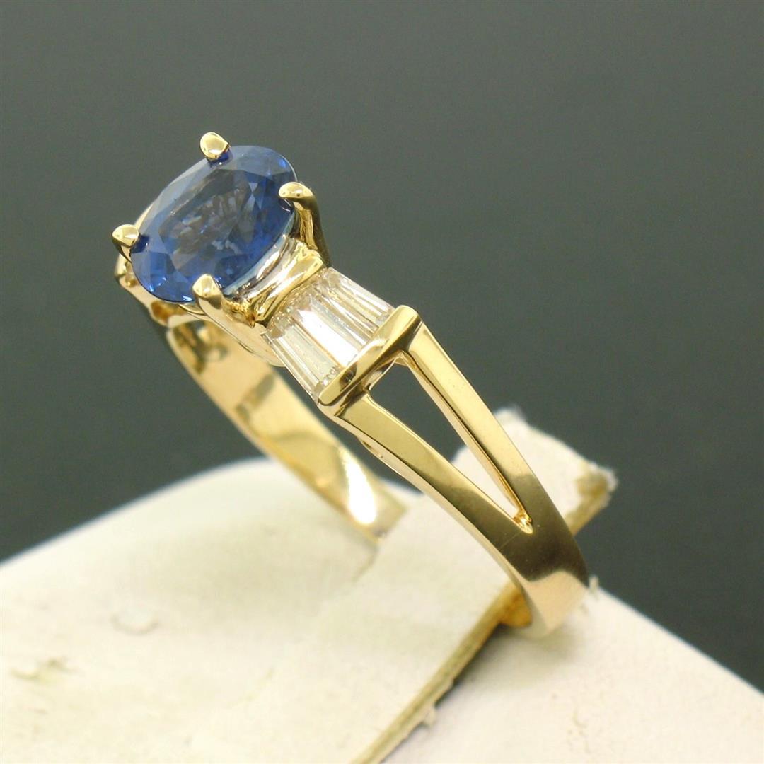 14k Yellow Gold ROYAL BLUE Sapphire Solitaire Ring Fine Baguette Diamond Accents