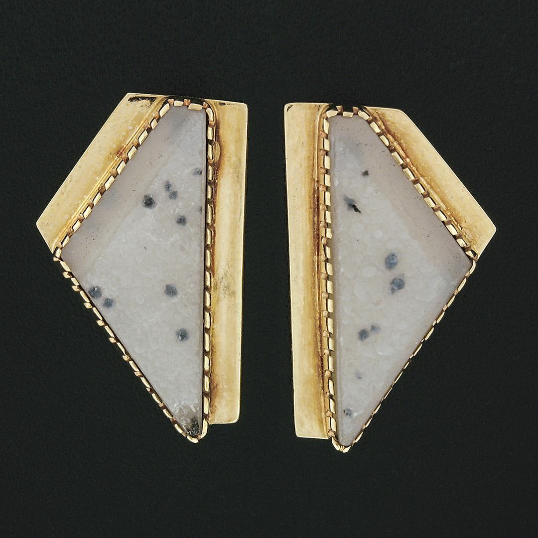 Vintage 18k Yellow Gold White Rectangular Rough Finish Agate Geometric Earrings