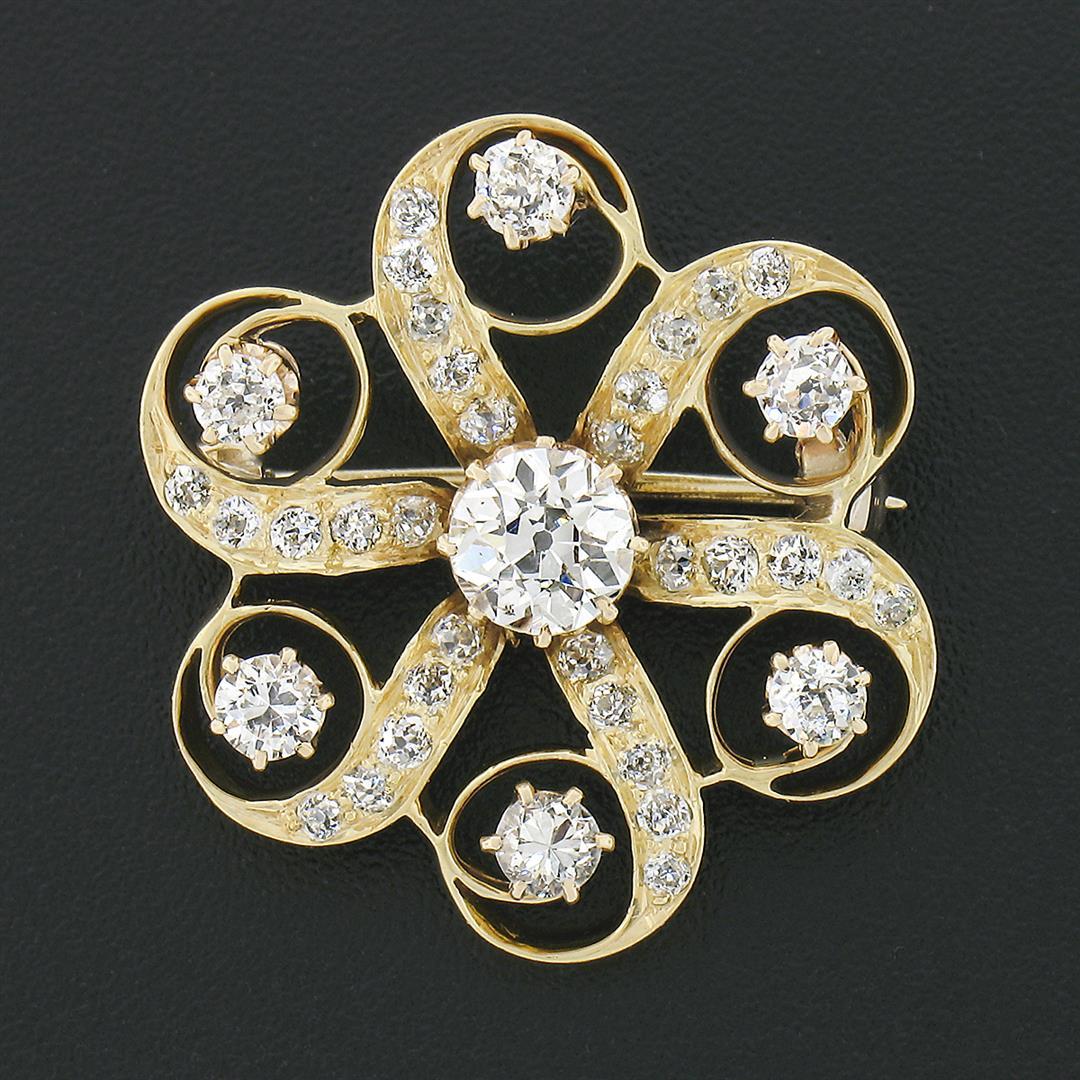 Antique Victorian 18k Gold 1.97 ctw Old European Diamond Swirl Flower Pin Brooch