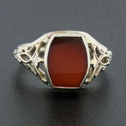 Antique 14k White Gold Bezel Custom Carnelian Solitaire Filigree Open Work Ring