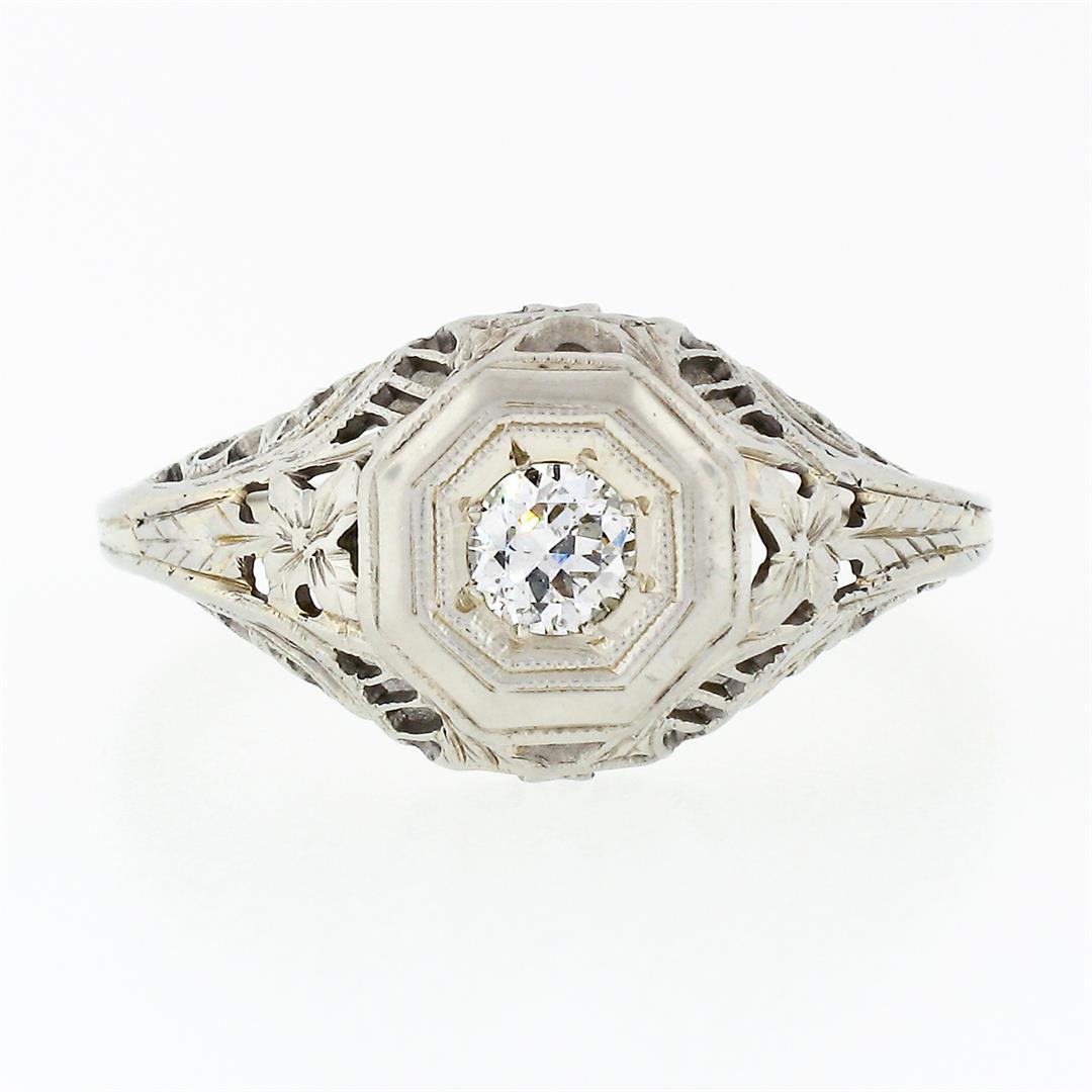 Antique Art Deco 18k White Gold .21 ctw Diamond Solitaire Filigree Engagement Ri