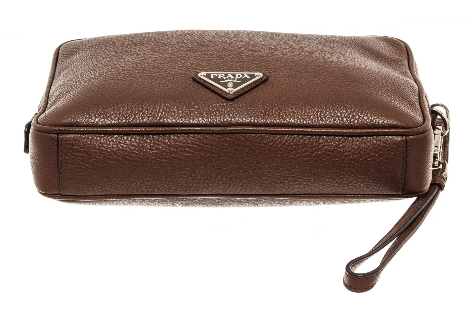 Prada Brown Vitello City Leather Wristlet Zip Pouch