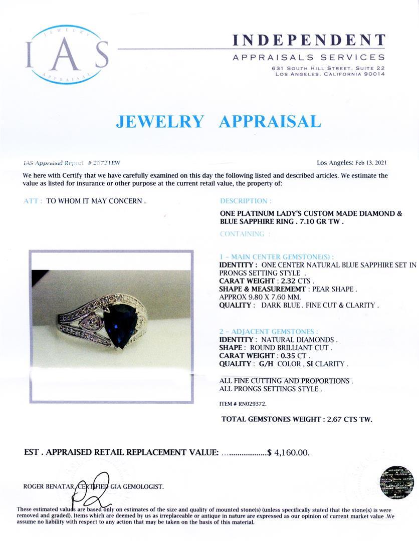 2.32 ctw Blue Sapphire and 0.35 ctw Diamond Platinum Ring