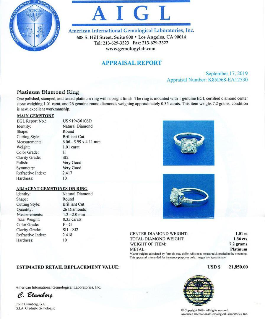 1.01 ctw SI2 Clarity Diamond Platinum Ring (1.36 ctw Diamonds) EGL USA CERTIFIED
