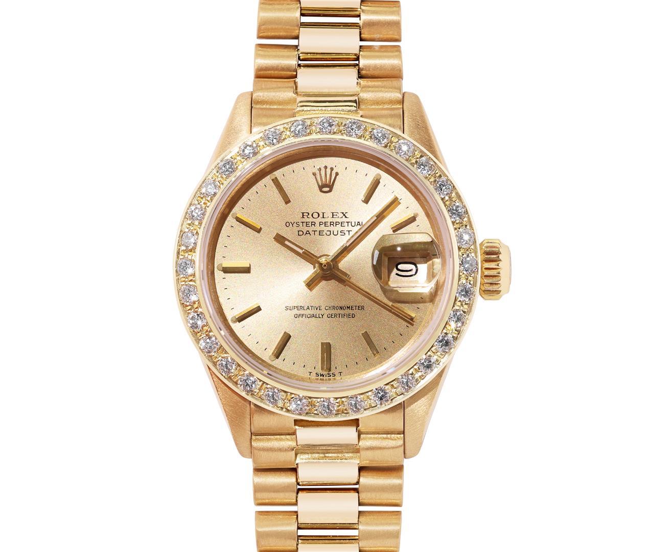 Rolex Ladies Quickset 18K Yellow Gold Diamond Bezel President 26MM