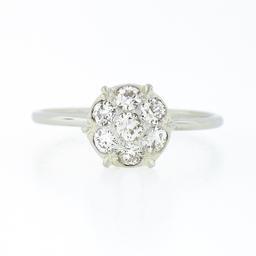 Antique 18k White Gold 0.52 ctw Old European Diamond Cluster Flower Solitaire Ri