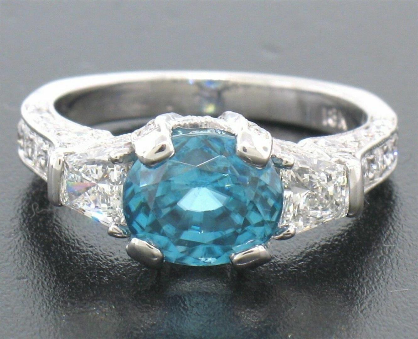 NEW 18k White Gold 3.91 ctw Oval Brilliant Blue Zircon Diamond Accents Ring Sz 6