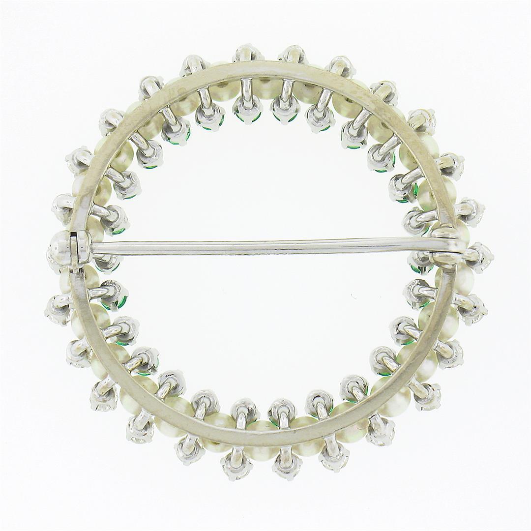 Vintage 14k Gold 1.60 ctw Round Diamond Emerald & White Pearl Circle Wreath Broo