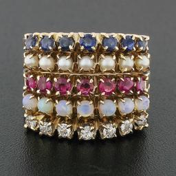 Vintage 14k Gold Round Ruby Sapphire Diamond Opal Pearl 5 Band Harem Stack Ring