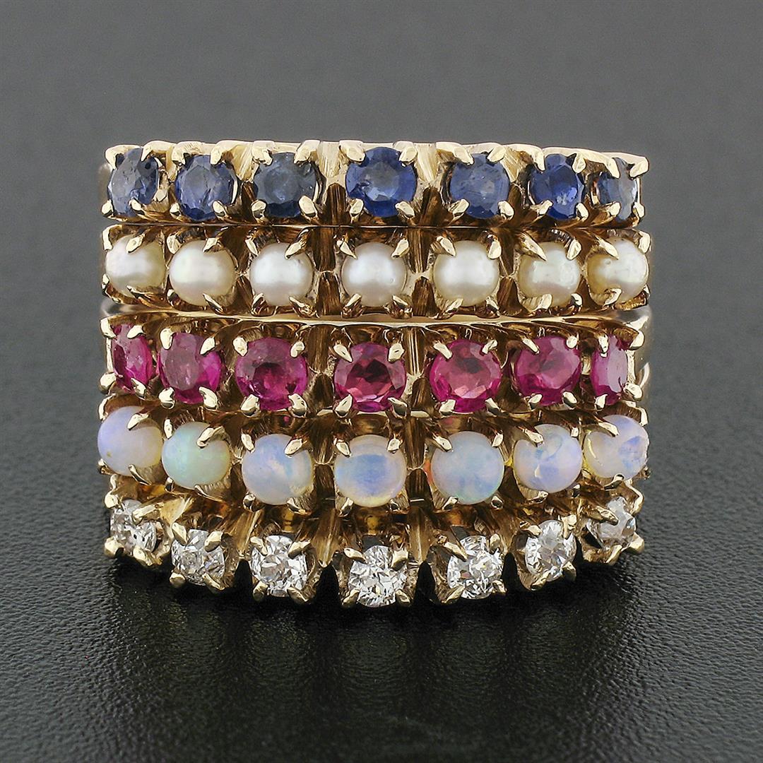 Vintage 14k Gold Round Ruby Sapphire Diamond Opal Pearl 5 Band Harem Stack Ring