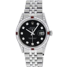 Rolex 36MM Stainless Steel Black Diamond Lugs & Ruby Datejust Wristwatch