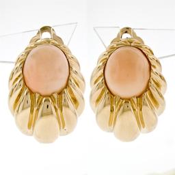 Large 14K Yellow Gold Oval Angel Skin Coral Fluted Grooved Ribbed Omega Earrings