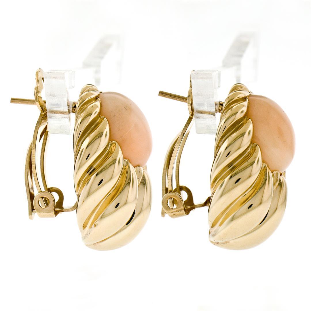 Large 14K Yellow Gold Oval Angel Skin Coral Fluted Grooved Ribbed Omega Earrings