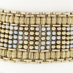 Vintage 14K Yellow Gold Round & Grooved Bead Pearl 6.75" Wide Strap Bracelet