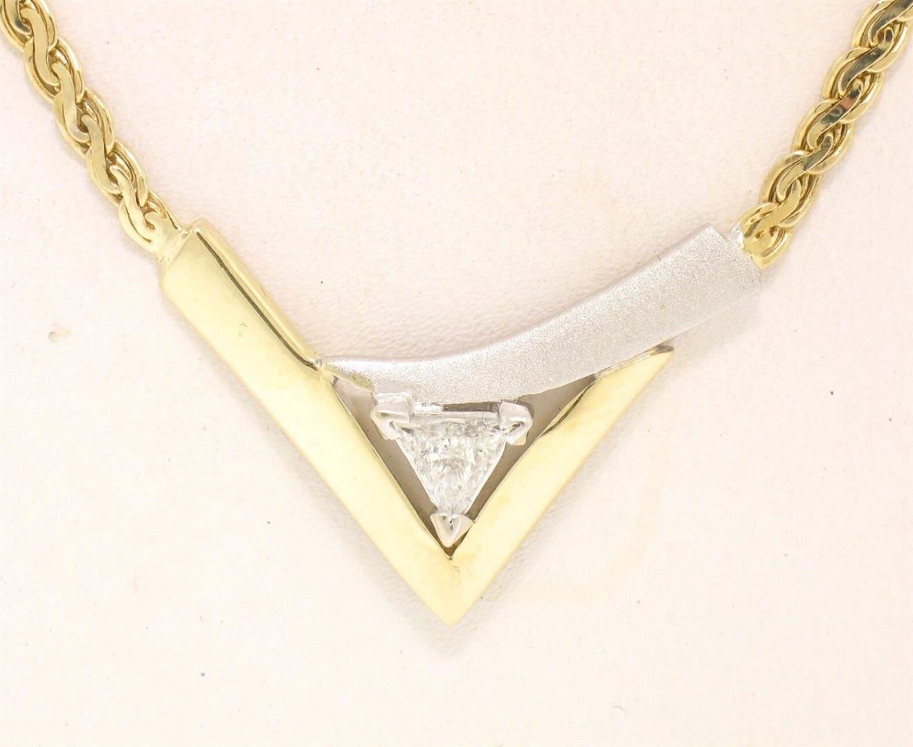 Modern 14k Two Tone Gold .30 ctw Trillion Diamond Solitaire "V" Necklace 17" Cha