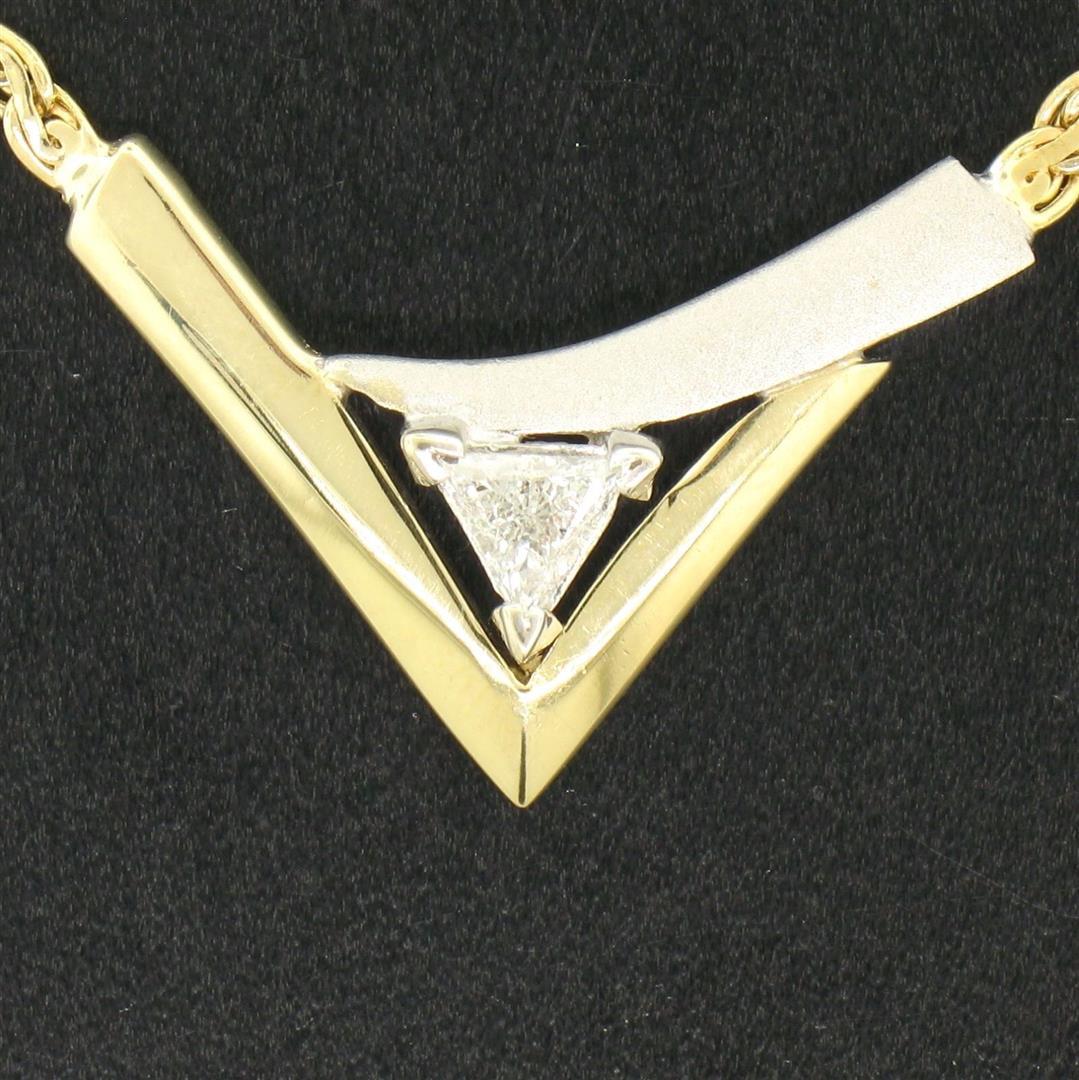 Modern 14k Two Tone Gold .30 ctw Trillion Diamond Solitaire "V" Necklace 17" Cha