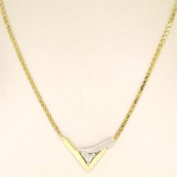 Modern 14k Two Tone Gold .30 ctw Trillion Diamond Solitaire "V" Necklace 17" Cha