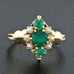 Antique Victorian 14k Gold 0.42 ctw Round Emerald 1.7mm Pearl Petite Cluster Rin