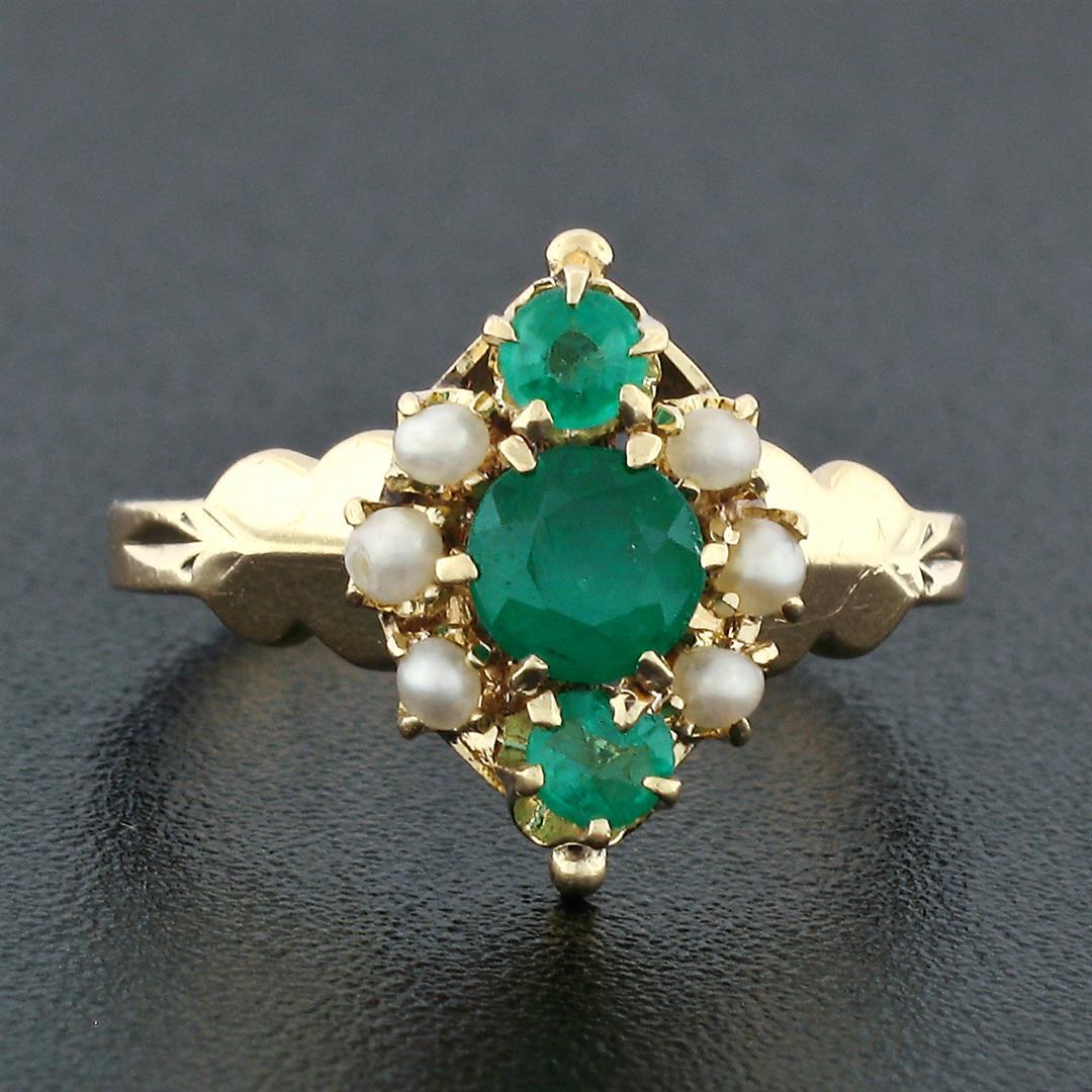 Antique Victorian 14k Gold 0.42 ctw Round Emerald 1.7mm Pearl Petite Cluster Rin