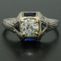 Antique Art Deco 18k White Gold 0.65 ctw European Diamond and Sapphire Ring