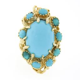 Vintage 18k Gold Large Oval Cabochon Cut Turquoise Open Coral Reef Freeform Ring